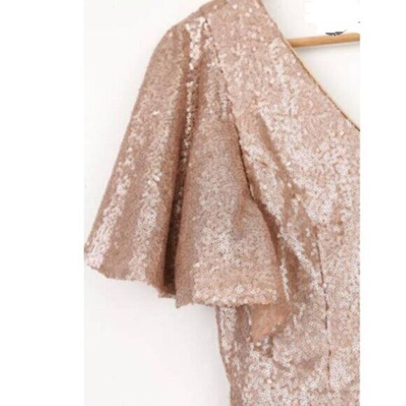 Lulus  Rose Gold Sequin  Bodice Fluttery Sleeves Maxi Dress Cocktail Rose XS - Picture 6 of 7